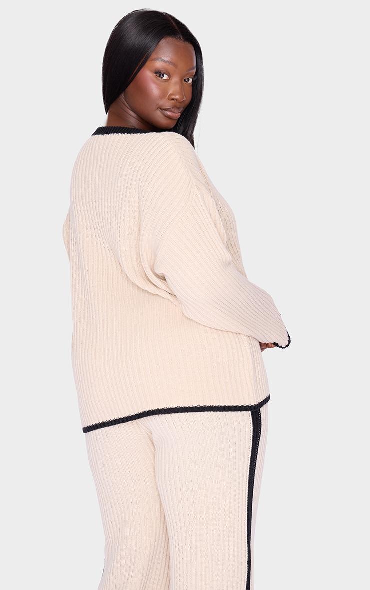 Plus Cream Contrast Stitch V Neck Sweater Product Image