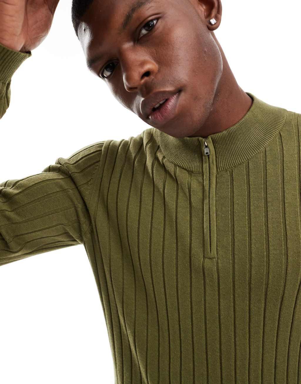 ASOS DESIGN essential muscle fit rib knit 1/2 zip sweater in khaki Product Image