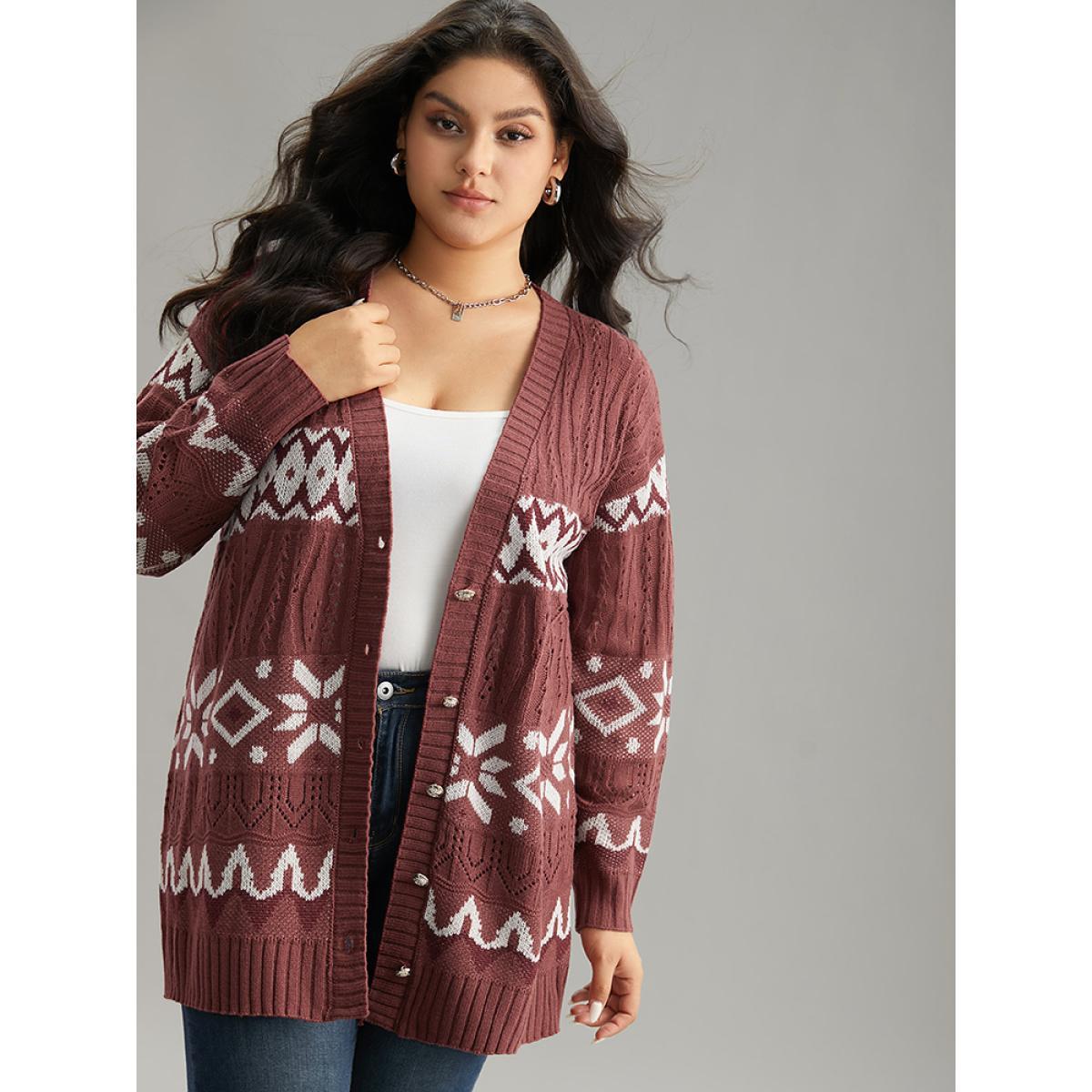 Plus Size Bandana Print Eyelet Metal Button Fly Cardigan Rust Women Casual Loose Long Sleeve Dailywear Cardigans BloomChic 22-24/3X Product Image