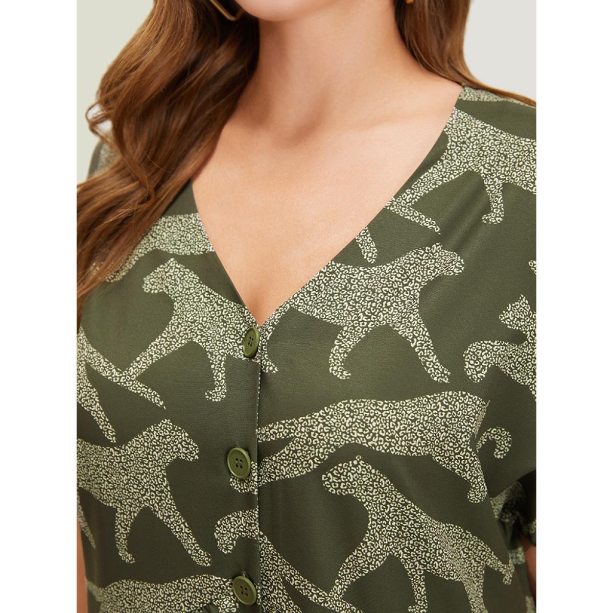 Plus Size Animal Print Batwing Sleeve Flutter Pocket Button Up Dress ArmyGreen Women Vacation Button V-neck Short sleeve Curvy Knee Dress BloomChic 26/4X Product Image