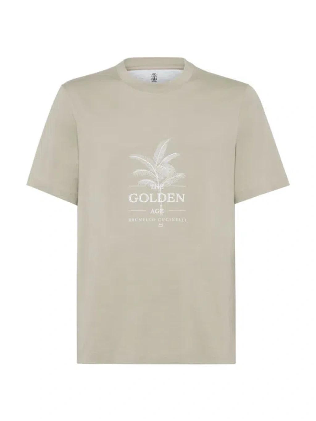 BRUNELLO CUCINELLI Men's Cotton Jersey Crew Neck T-shirt With Print In Beige Product Image