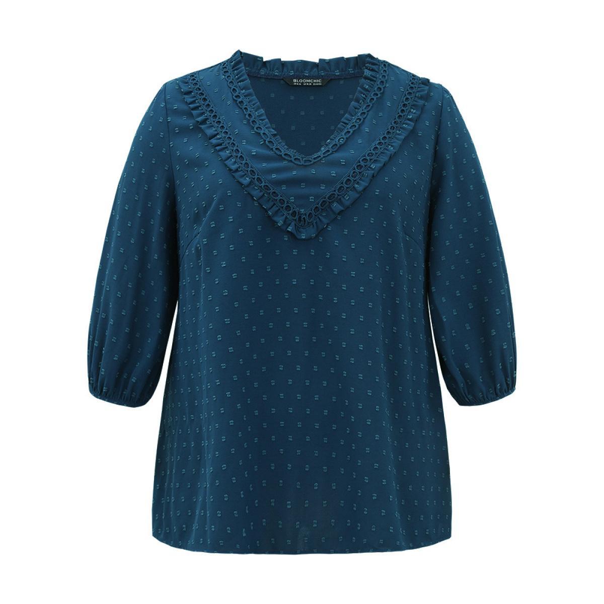 Plus Size Indigo Polka Dot Frill Trim Lantern Sleeve Blouse Women Elegant Elbow-length sleeve V-neck Dailywear Blouses BloomChic 30/6X Product Image
