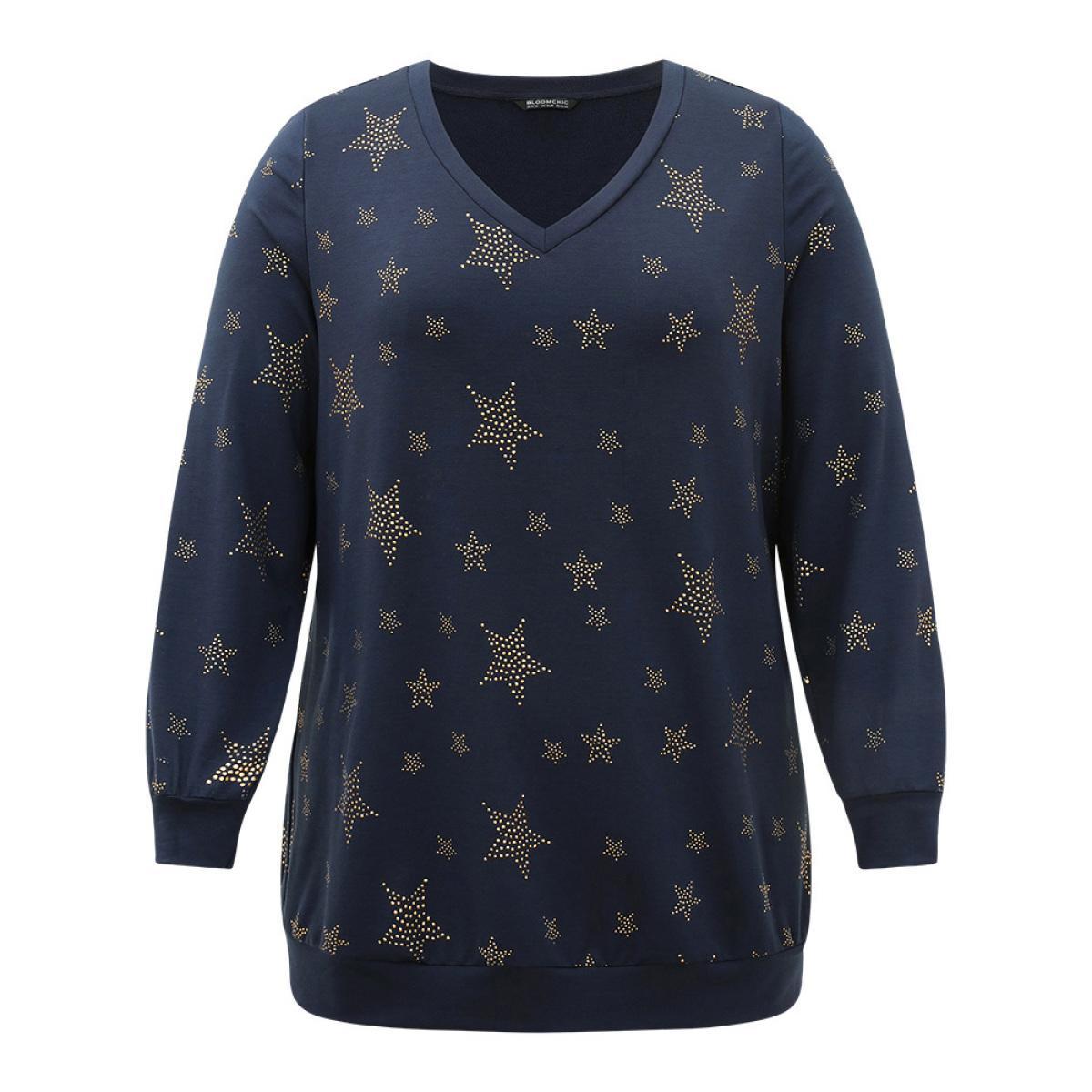 Plus Size Star Glitter Print V Neck Elastic Cuffs Sweatshirt Women Indigo Casual Elastic cuffs V-neck Dailywear Sweatshirts BloomChic 22-24/3X Product Image