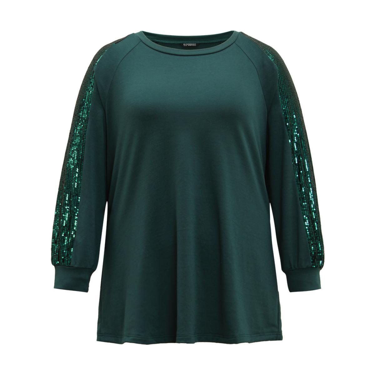 Plus Size Solid Sequin Patchwork Raglan Sleeve Sweatshirt Women DarkGreen Elegant Elastic cuffs Round Neck Dailywear Sweatshirts BloomChic 28/5X Product Image