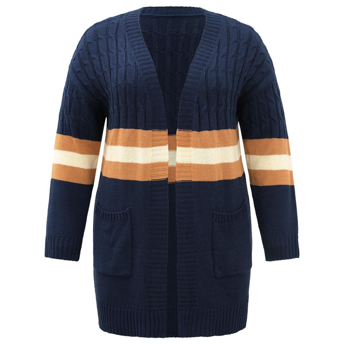 Plus Size Cable Knit Colorblock Contrast Open Front Cardigan Multicolor Women Casual Loose Long Sleeve Dailywear Cardigans BloomChic 10/M Product Image