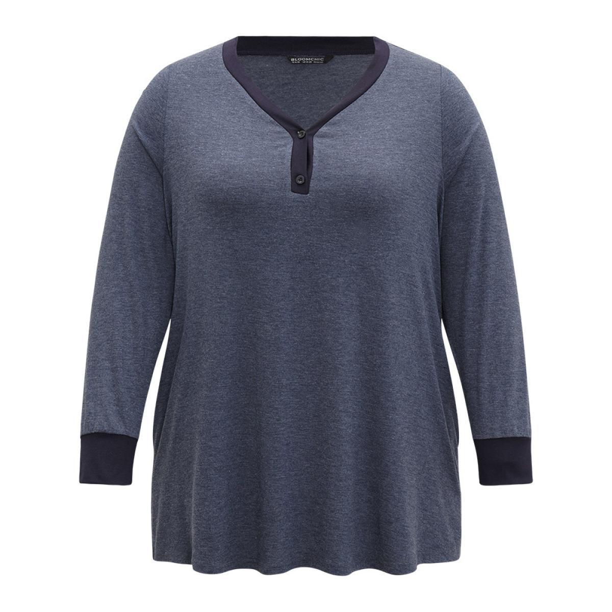 Plus Size V Neck Button Up Contrast Elastic Cuffs Pocket T-shirt Indigo Women Casual Elastic cuffs Plain V-neck Dailywear T-shirts BloomChic 26/4X Product Image
