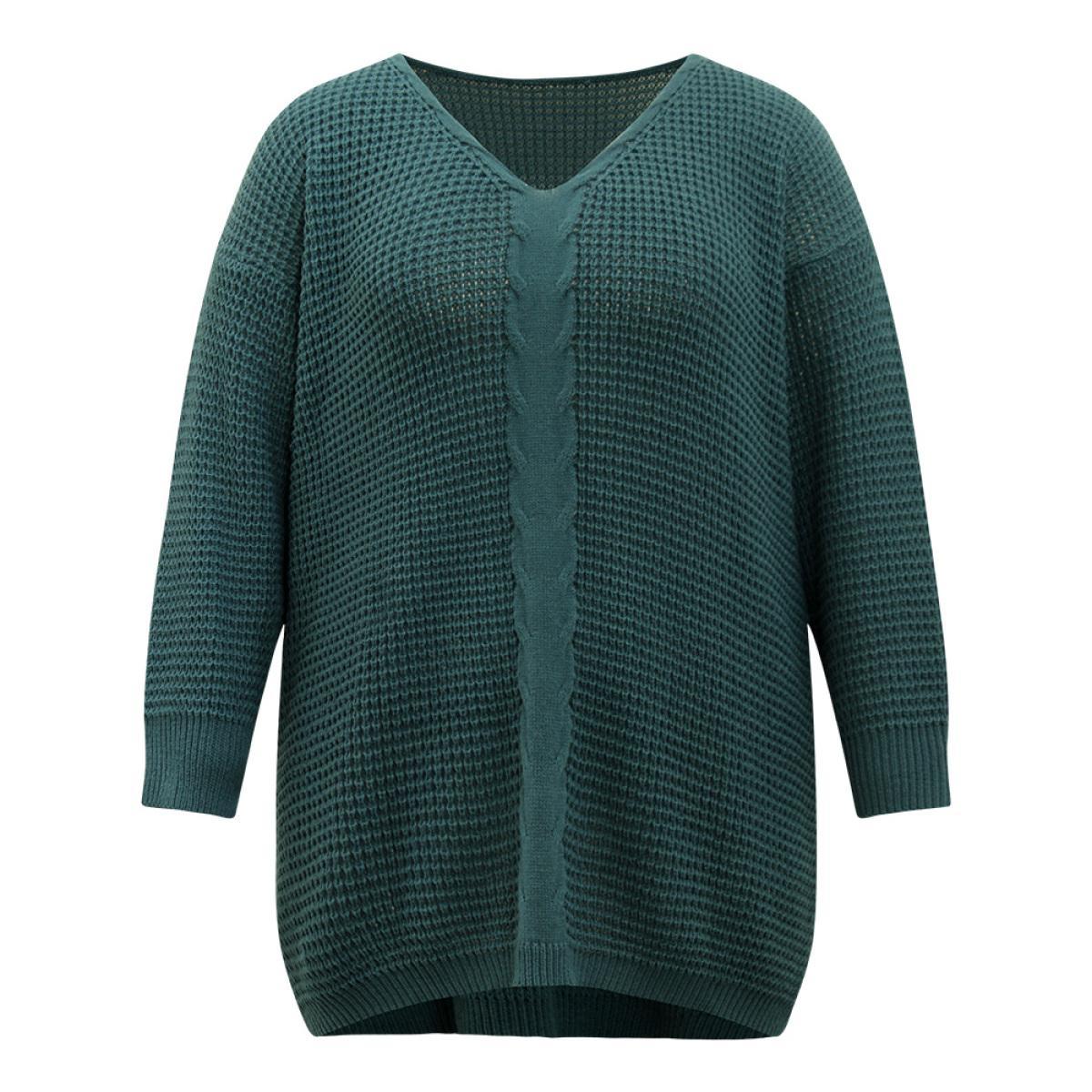 Plus Size Cable Knit Plain Elastic Cuffs Pullover Cyan Women Casual Loose Long Sleeve V-neck Dailywear Pullovers BloomChic 10/M Product Image