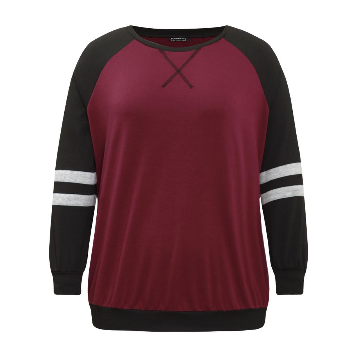 Plus Size Striped Contrast Raglan Sleeve Stitch Sweatshirt Women Burgundy Casual Contrast Round Neck Everyday Sweatshirts BloomChic 18-20/2X Product Image
