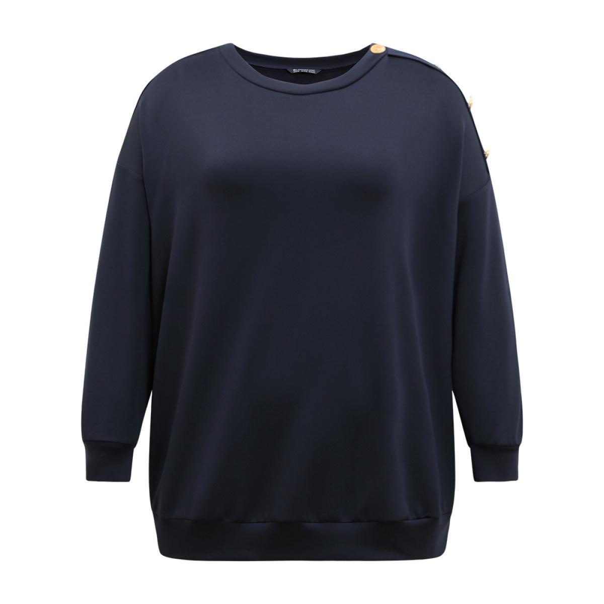 Plus Size Solid Button Detail Patchwork Sweatshirt Women Indigo Casual Elastic cuffs Round Neck Dailywear Sweatshirts BloomChic 12/L Product Image
