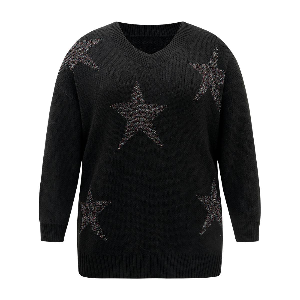 Plus Size V Neck Plain Star Luxe Pullover Black Women Casual Loose Long Sleeve V-neck Dailywear Pullovers BloomChic 18-20/2X Product Image
