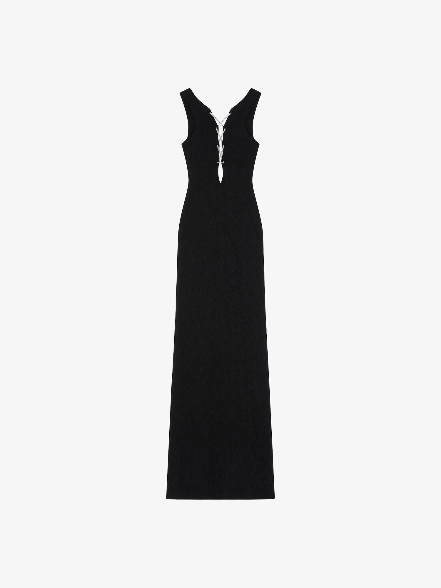 Evening dress in textured jersey with crystal laces Product Image