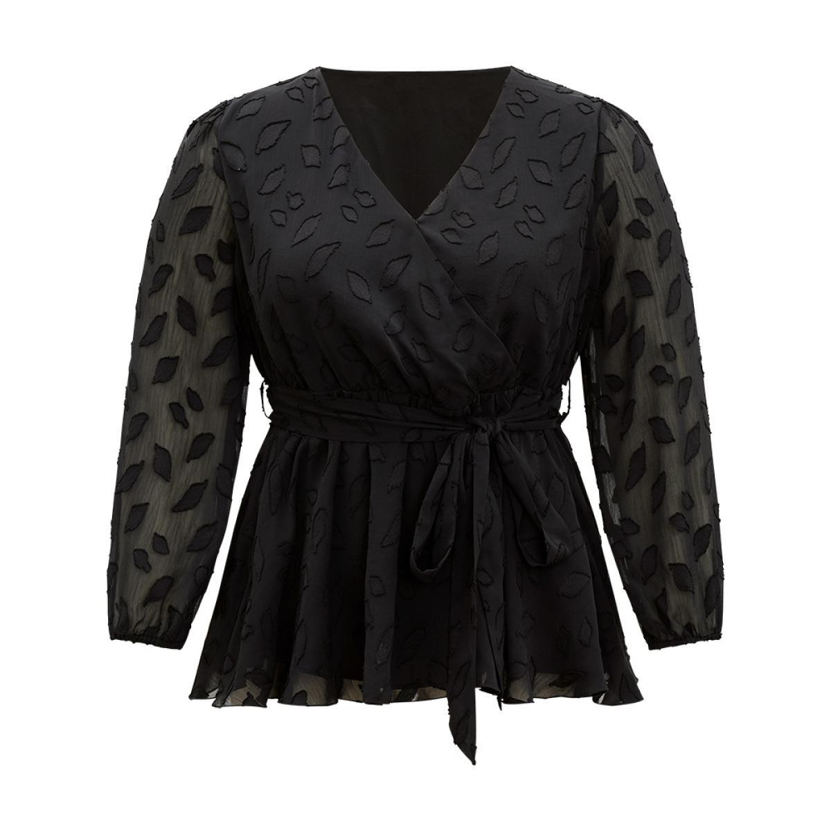 Plus Size Black Crochet Mesh Belted Gathered Wrap Lantern Sleeve Blouse Women Elegant Long Sleeve V-neck Dailywear Blouses BloomChic 10/M Product Image