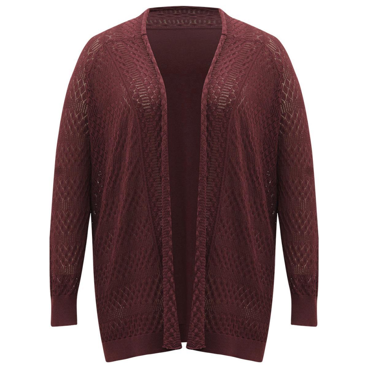 Plus Size Solid Geometric Hollow Out Cardigan Russet Women Casual Loose Long Sleeve Dailywear Cardigans BloomChic 26/4X Product Image