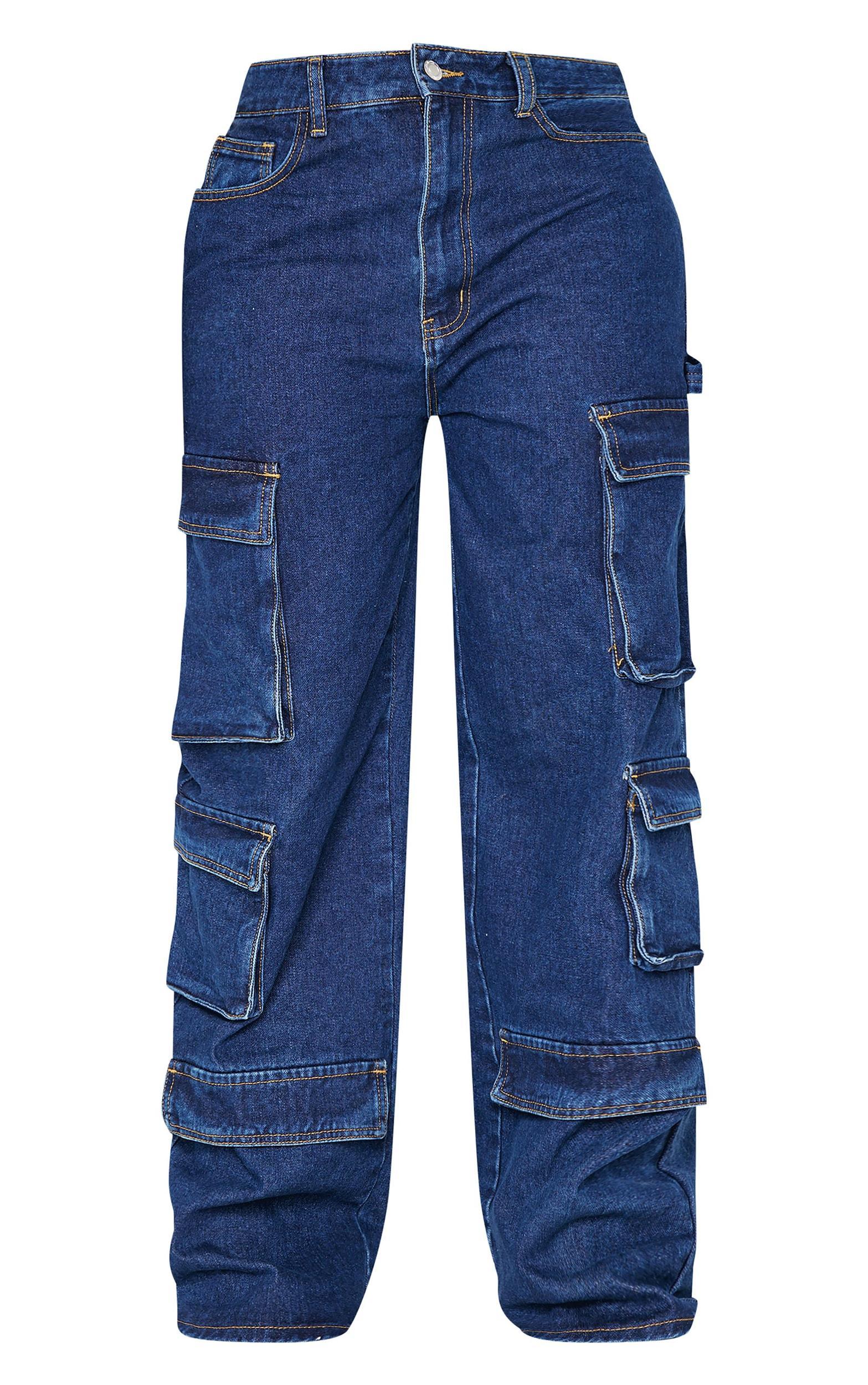 Shape Dark Indigo Wash Cargo Pocket Wide Leg Jeans Product Image