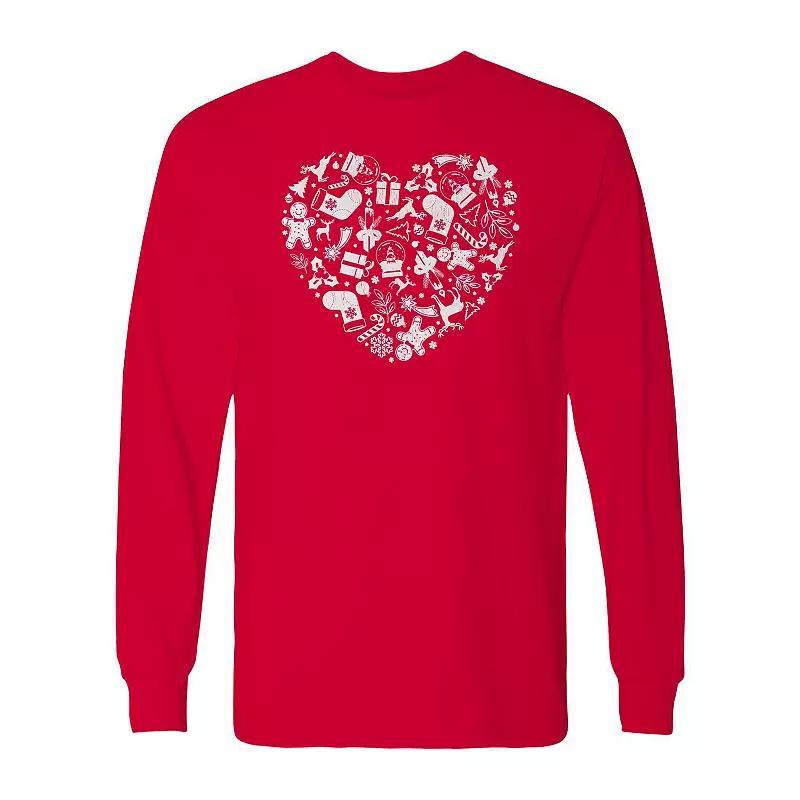 Men's Christmas Heart Long Sleeve Graphic Tee, Size: Large, Red Product Image