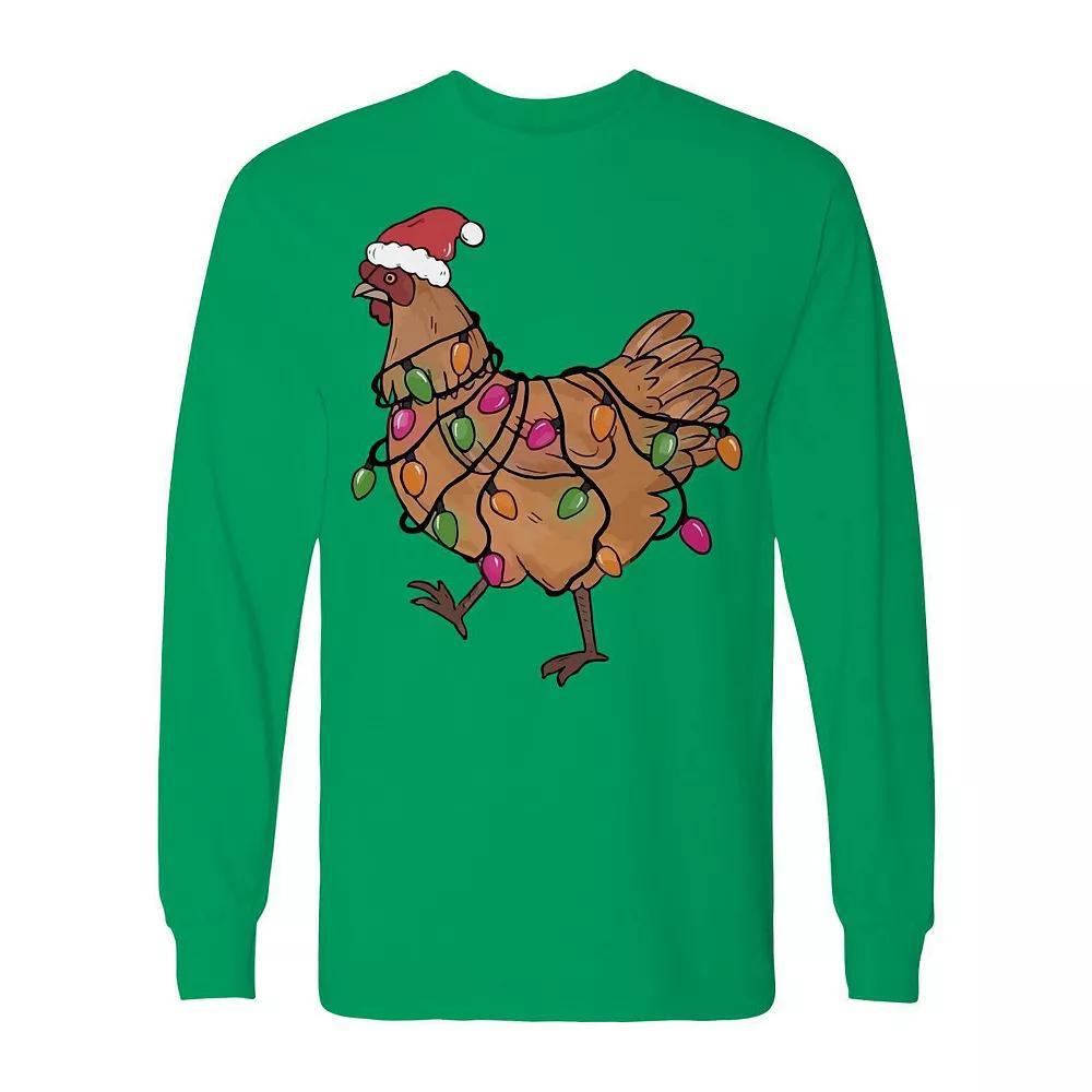 Men's Christmas Light Hen Long Sleeve Graphic Tee, Size: Large, Irish Green Product Image