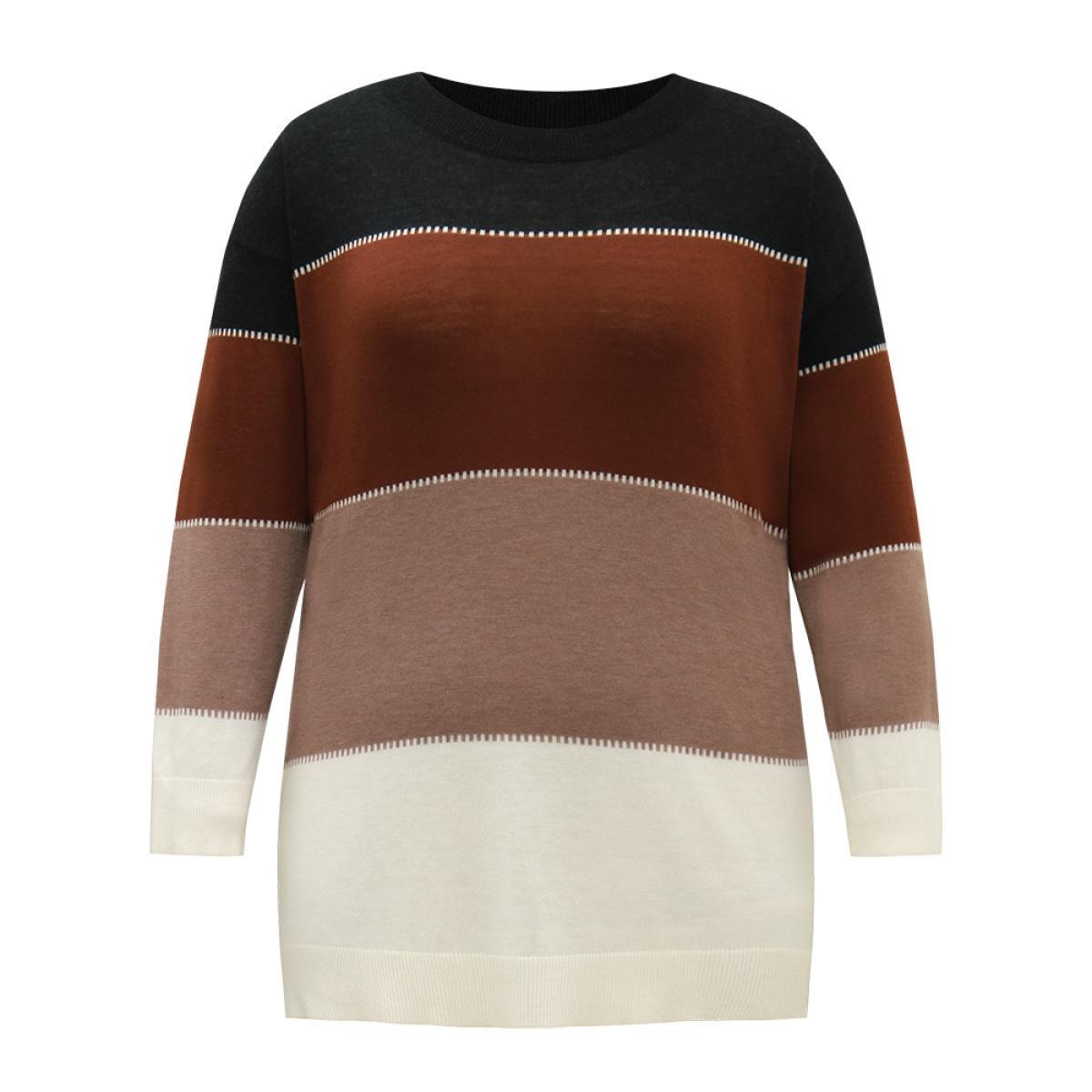 Plus Size Supersoft Essentials Colorblock Contrast Round Neck Pullover Multicolor Women Casual Loose Long Sleeve Round Neck Everyday Pullovers BloomChic 26/4X Product Image