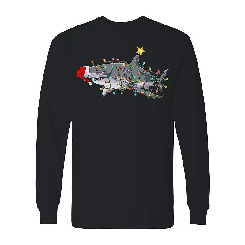 Men's Christmas Light Shark Long Sleeve Graphic Tee, Size: Large, Black Product Image