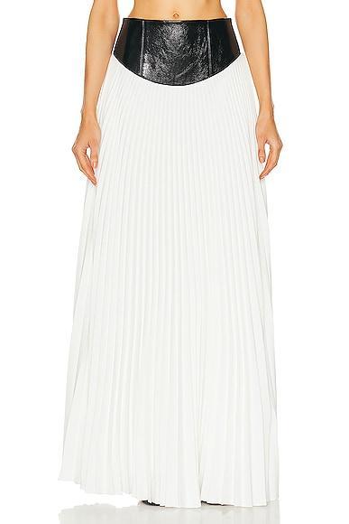 Brandon Maxwell Pleated Leather Yoke Skirt in White Product Image