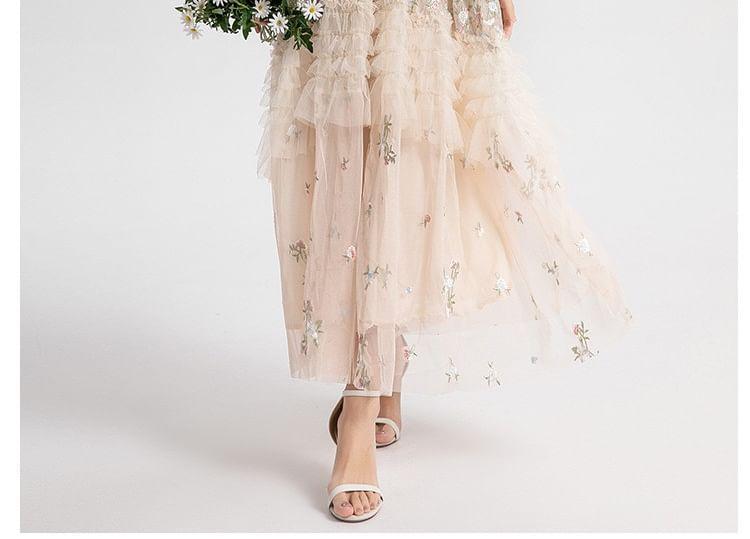 Long Sleeve Round Neck Floral Embroidered Frill Mesh Maxi A-Line Dress Product Image