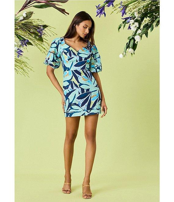 Donna Morgan Poplin Floral Print Sweetheart Neck Short Sleeve Sheath Mini Dress Product Image