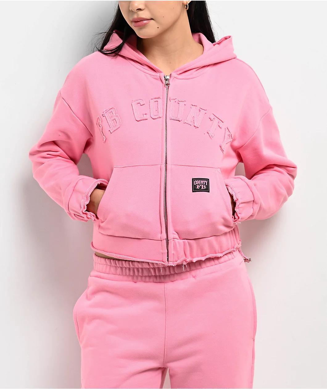 FB County French Terry Pink Crop Zip Hoodie Product Image