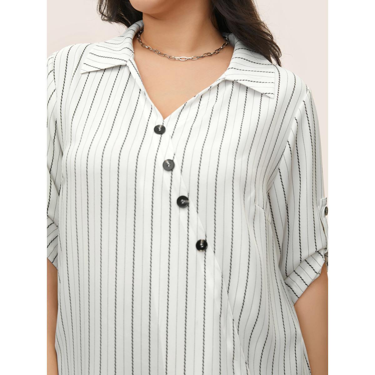 Plus Size White Striped Button Detail Asymmetrical Hem Blouse Women At the Office Elbow-length sleeve Shirt collar Work Blouses BloomChic 28/5X Product Image