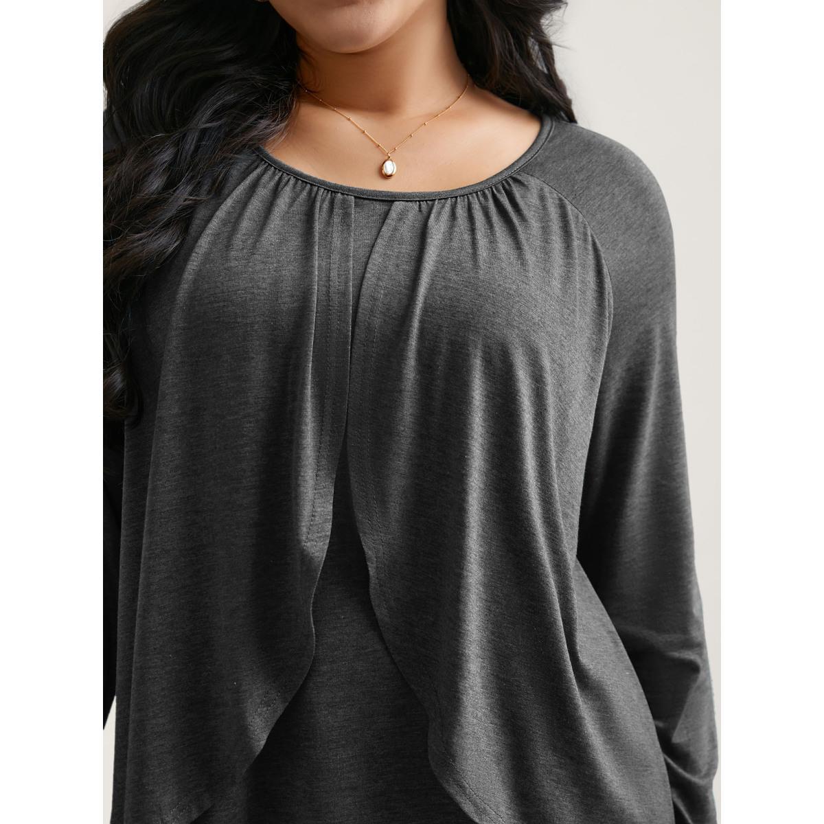 Plus Size 2-In-1 Gathered Ruffle Trim T-Shirt DarkGray Women Elegant Gathered Round Neck Everyday T-shirts BloomChic 18-20/2X Product Image