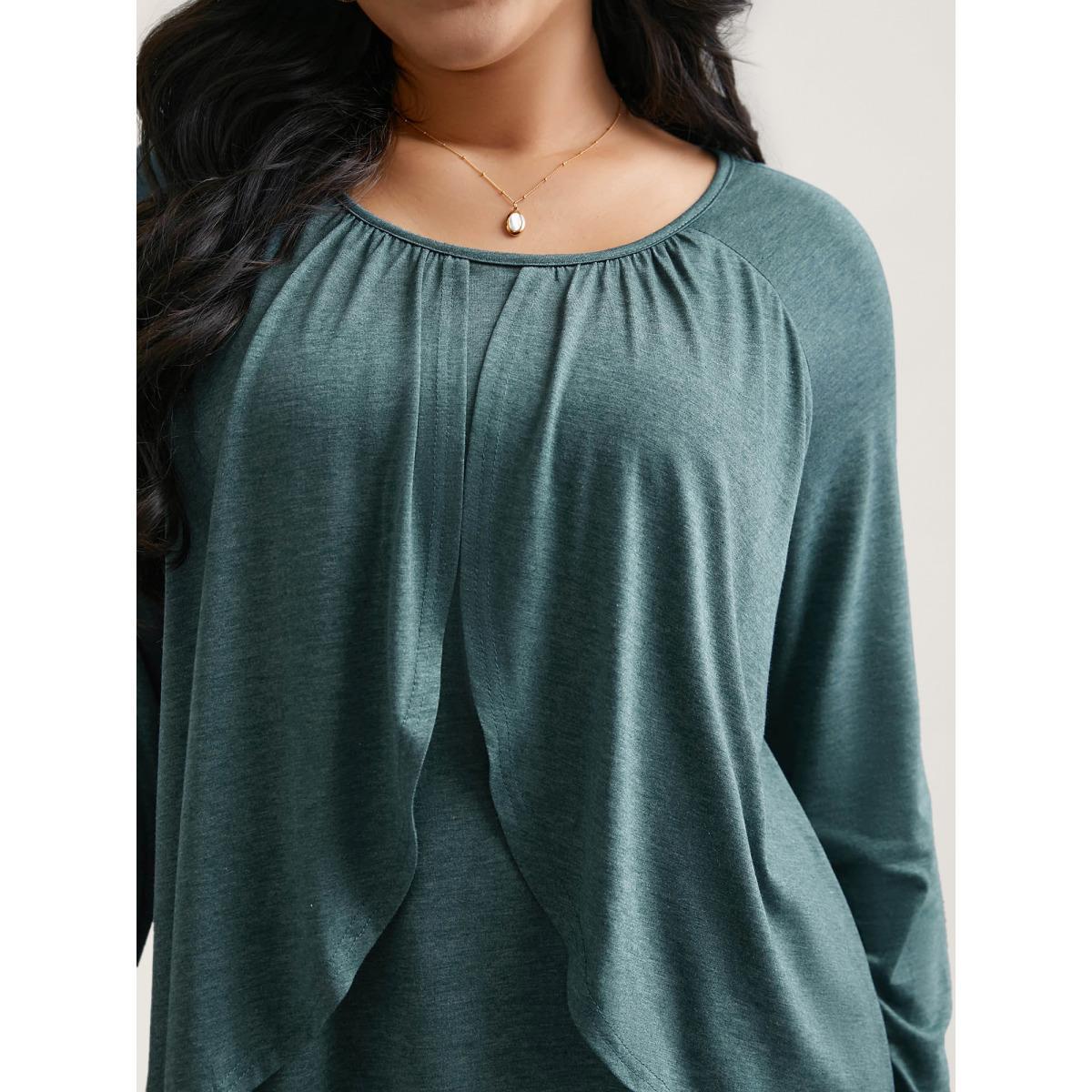 Plus Size 2-In-1 Gathered Ruffle Trim T-Shirt Teal Women Elegant Gathered Round Neck Everyday T-shirts BloomChic 10/M Product Image