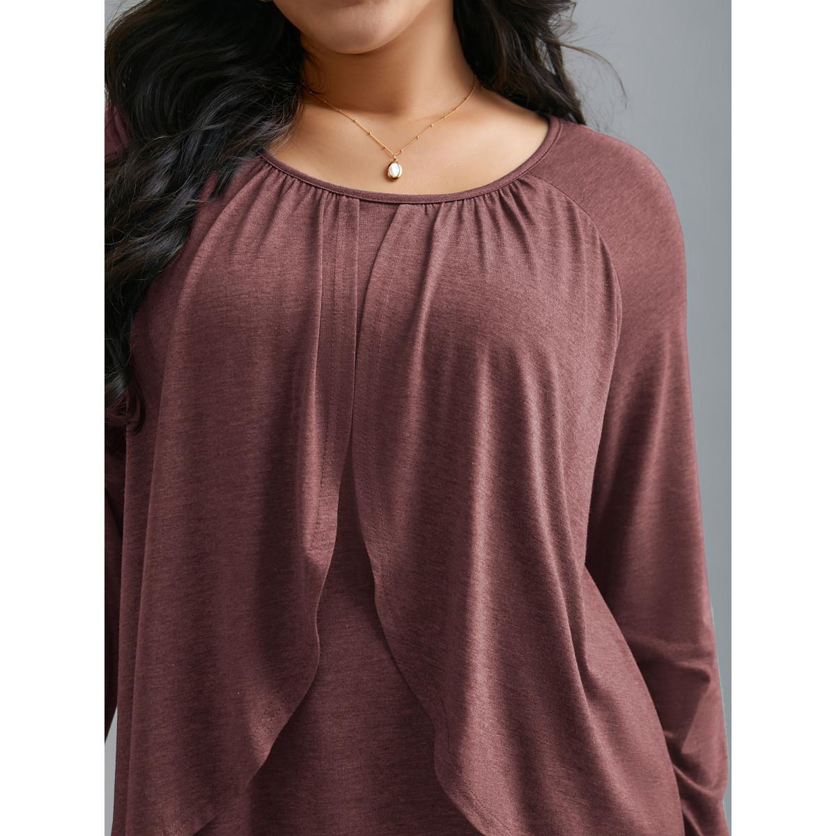 Plus Size 2-In-1 Gathered Ruffle Trim T-Shirt Deepred Women Elegant Gathered Round Neck Everyday T-shirts BloomChic 10/M Product Image