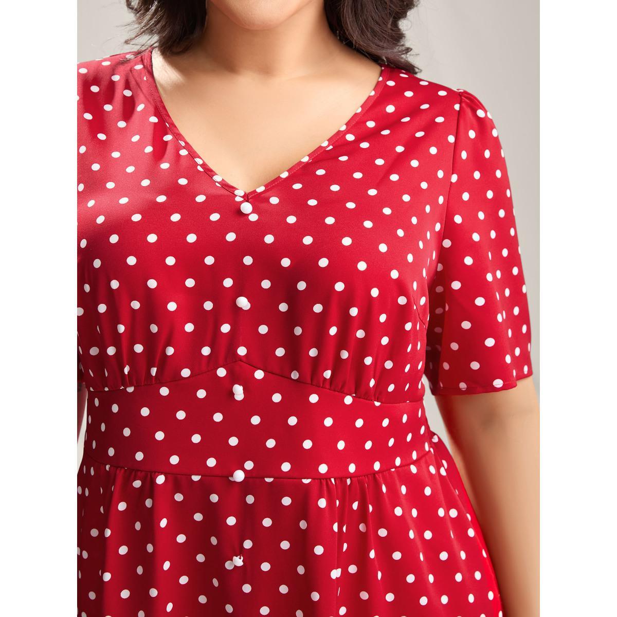 Plus Size Brightred Polka Dots Shirred Waist Blouse Women Short sleeve V-neck Everyday-Elegant Blouses BloomChic 30/6X Product Image