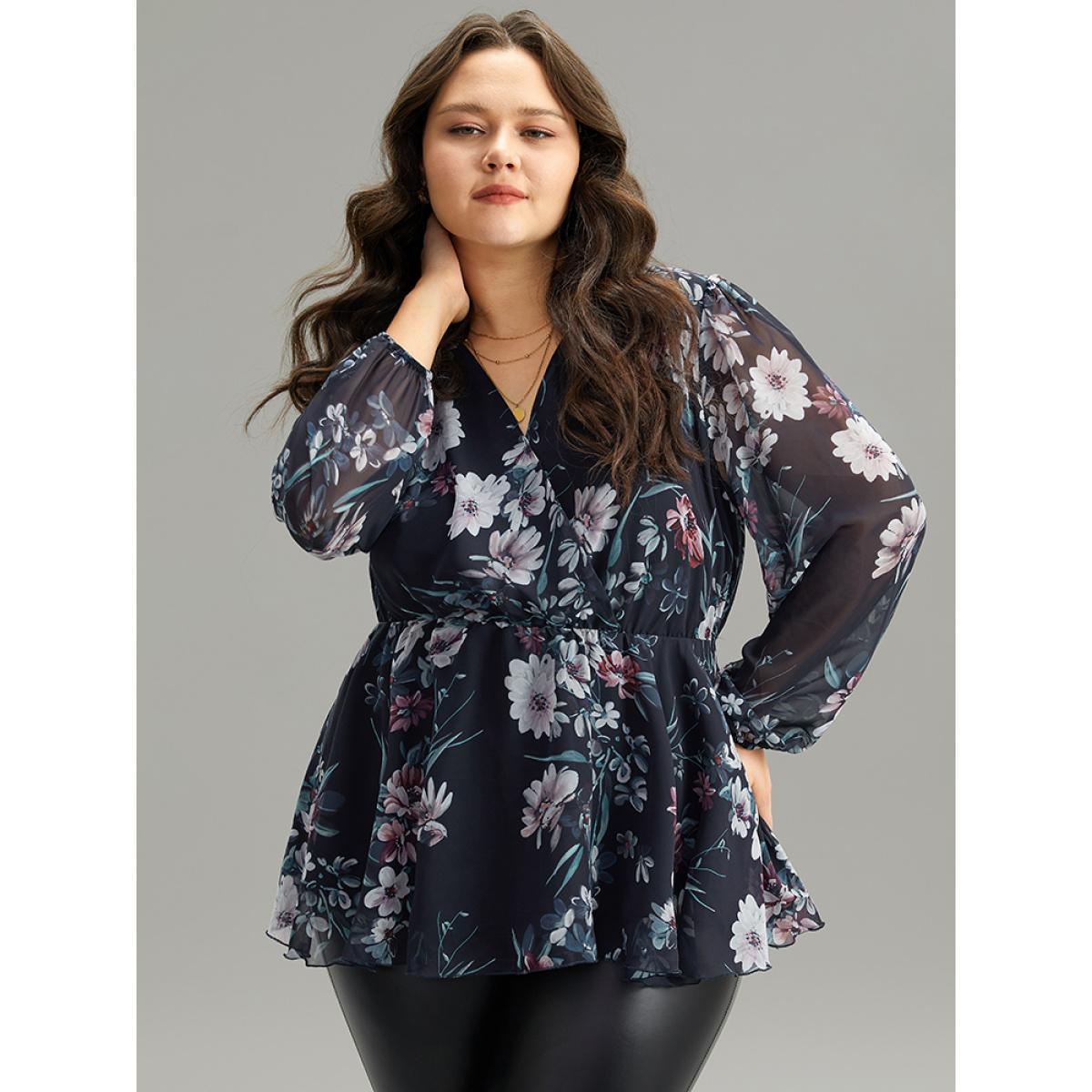 Plus Size Indigo Floral Print Elastic Waist Mesh Wrap Gathered Blouse Women Elegant Long Sleeve V-neck Dailywear Blouses BloomChic 14-16/1X Product Image