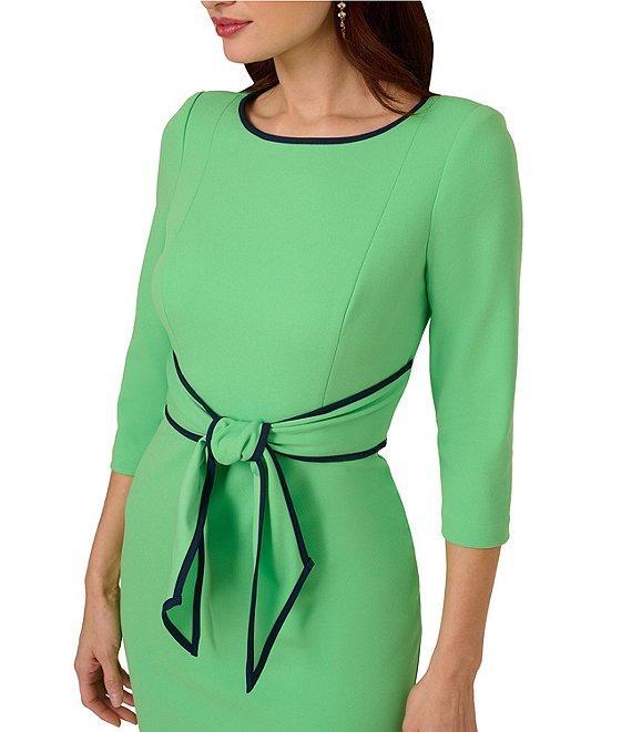 Adrianna Papell Contrasting Trim Boat Neck 3/4 Sleeve Tie Waist Crepe Sheath Dress Product Image