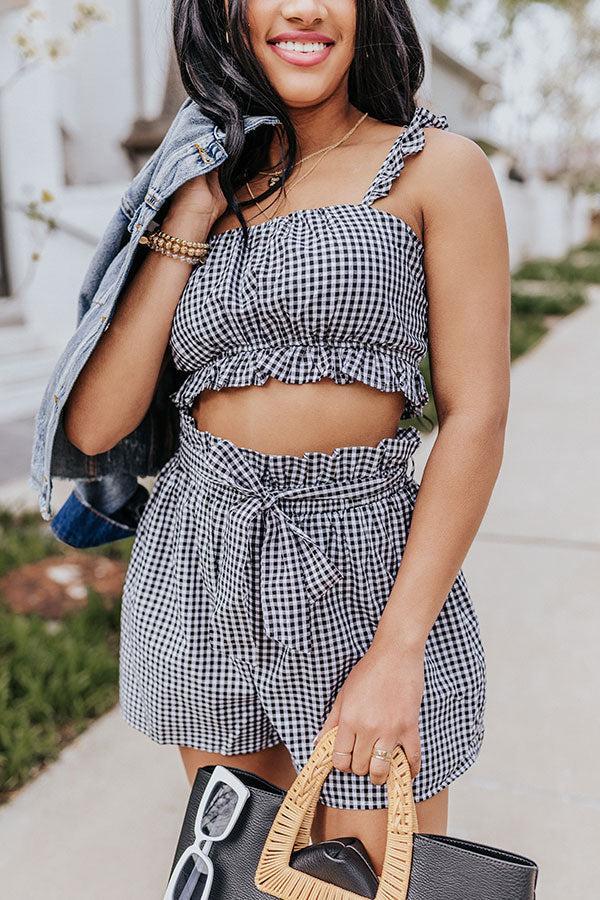 Ruffled Up Gingham Crop Top In Black Product Image