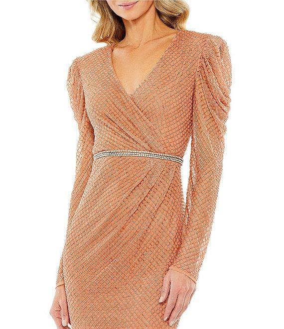 Mac Duggal Beaded Long Puffed Sleeve Surplice V-Neck Midi Dress Product Image