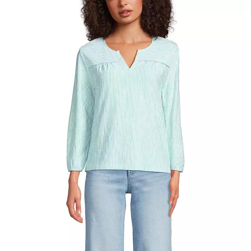 Women's Lands' End 3/4 Sleeve Slub Notch Neck Top, Size: Large, White Green Stripe Product Image