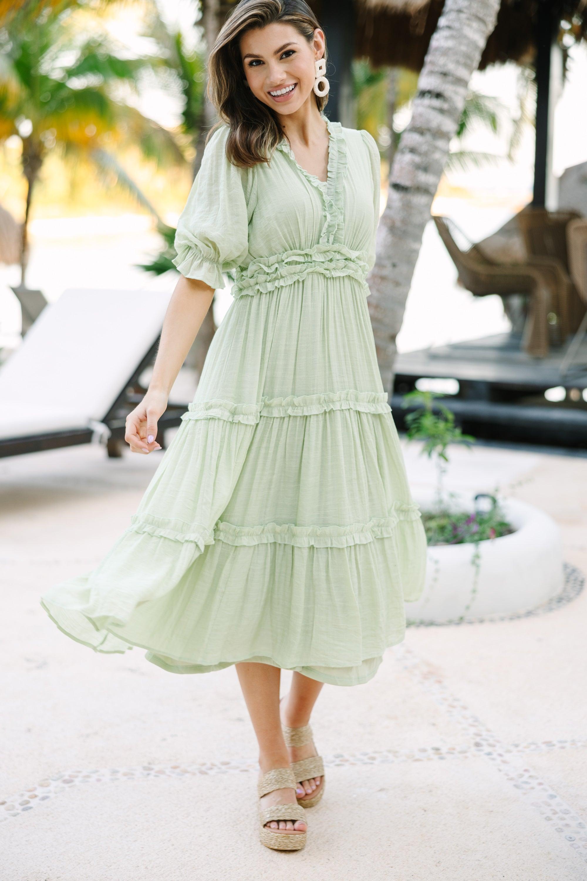 Living In A Dream Melon Green Ruffled Midi Dress Female Product Image