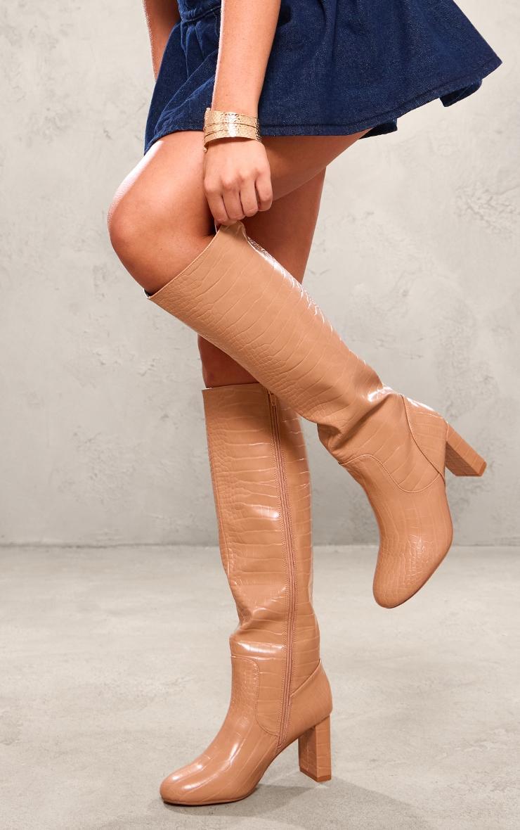Nude Pu Croc Round Toe High Heeled Block Knee Boots Product Image