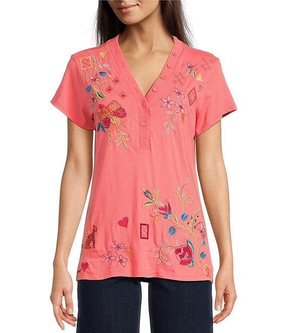 JOHNNY WAS Georgia Floral Embroidered Cotton Knit Button Detail V-Neck Short Sleeve Tee Product Image
