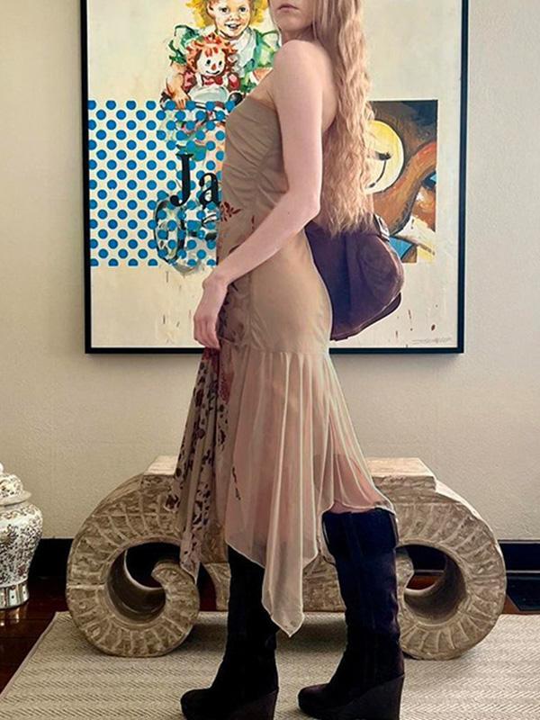Boho Print Off Shoulder Irregular Hem Mesh Midi Dress Product Image