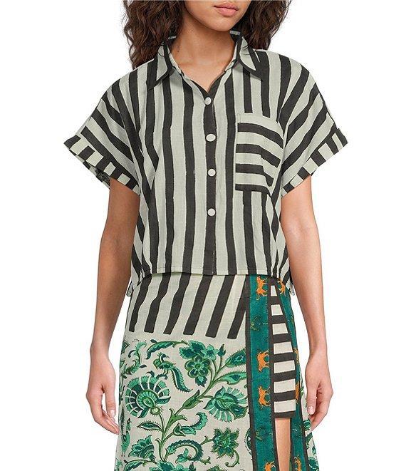 Mo Maya Stripe Print Notch Collar Short Sleeve Button Front Shirt Product Image