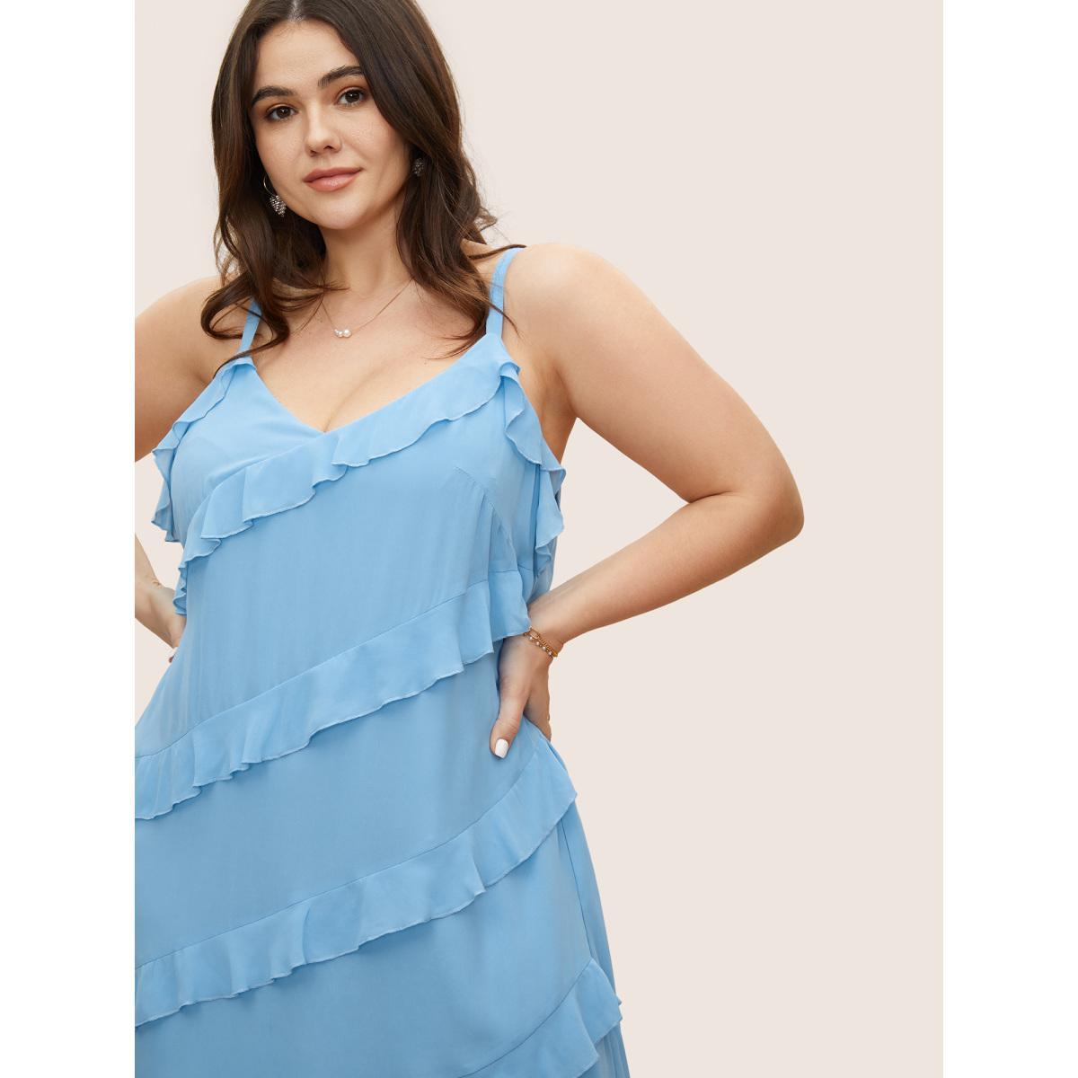 Plus Size V Neck Ruffle Trim Elastic Waist Cami Dress LightBlue Women Formal Ruffles Non Sleeveless Curvy BloomChic 30/6X Product Image