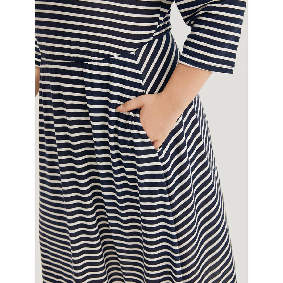 Plus Size Striped Crew Neck Pocket Twist Back Dress Indigo Women Casual Elastic Waist Round Neck Elbow-length sleeve Curvy Midi Dress BloomChic 18-20/2X Product Image