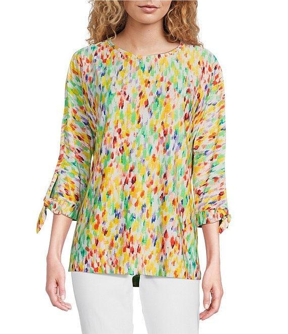 Ali Miles Textured Knit Printed Round Neck 3/4 Tie Sleeve Tunic Product Image