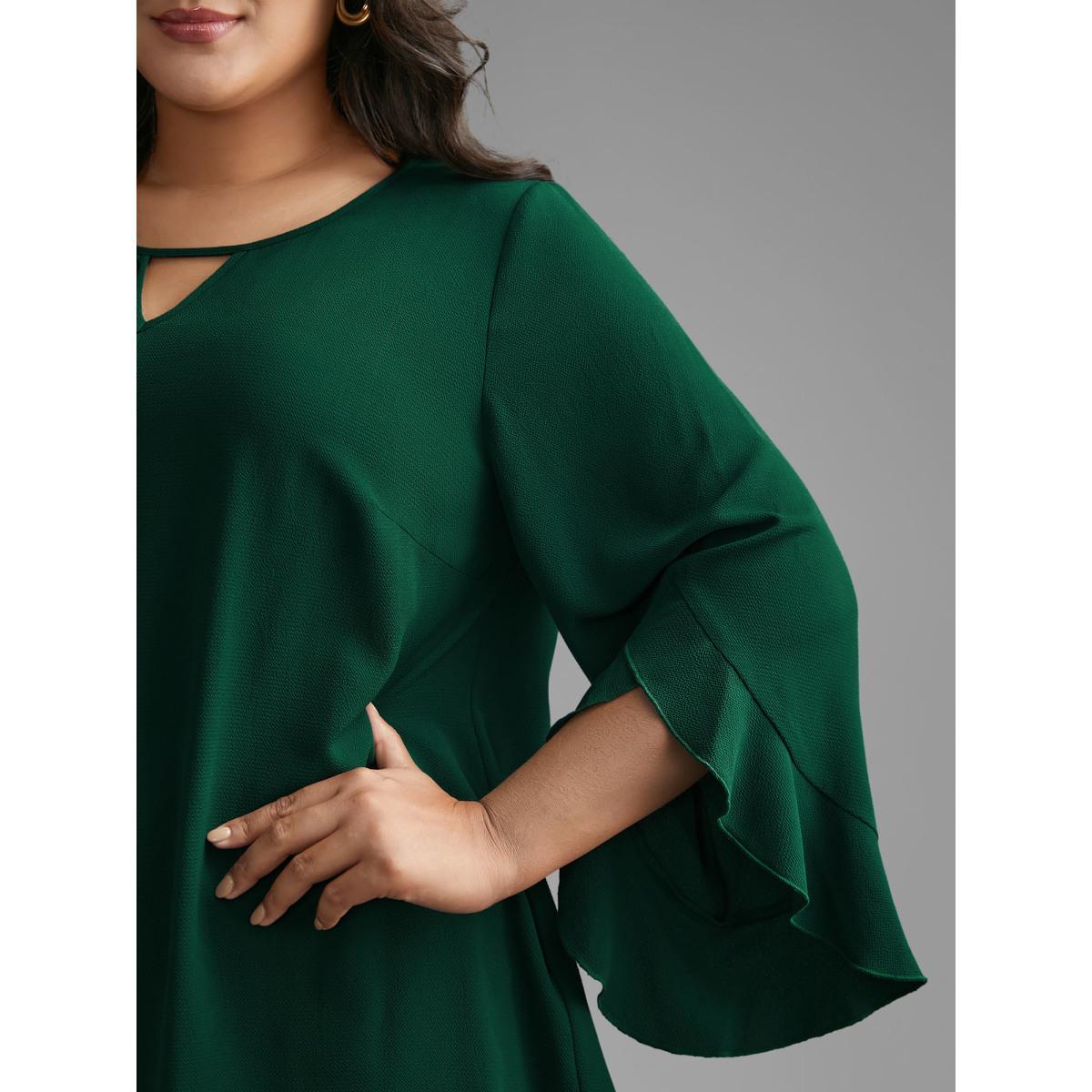 Plus Size Emerald Solid Keyhole Ruffle Sleeve Blouse Women Elegant Extra Long Sleeve Round Neck Everyday Blouses BloomChic 18-20/2X Product Image