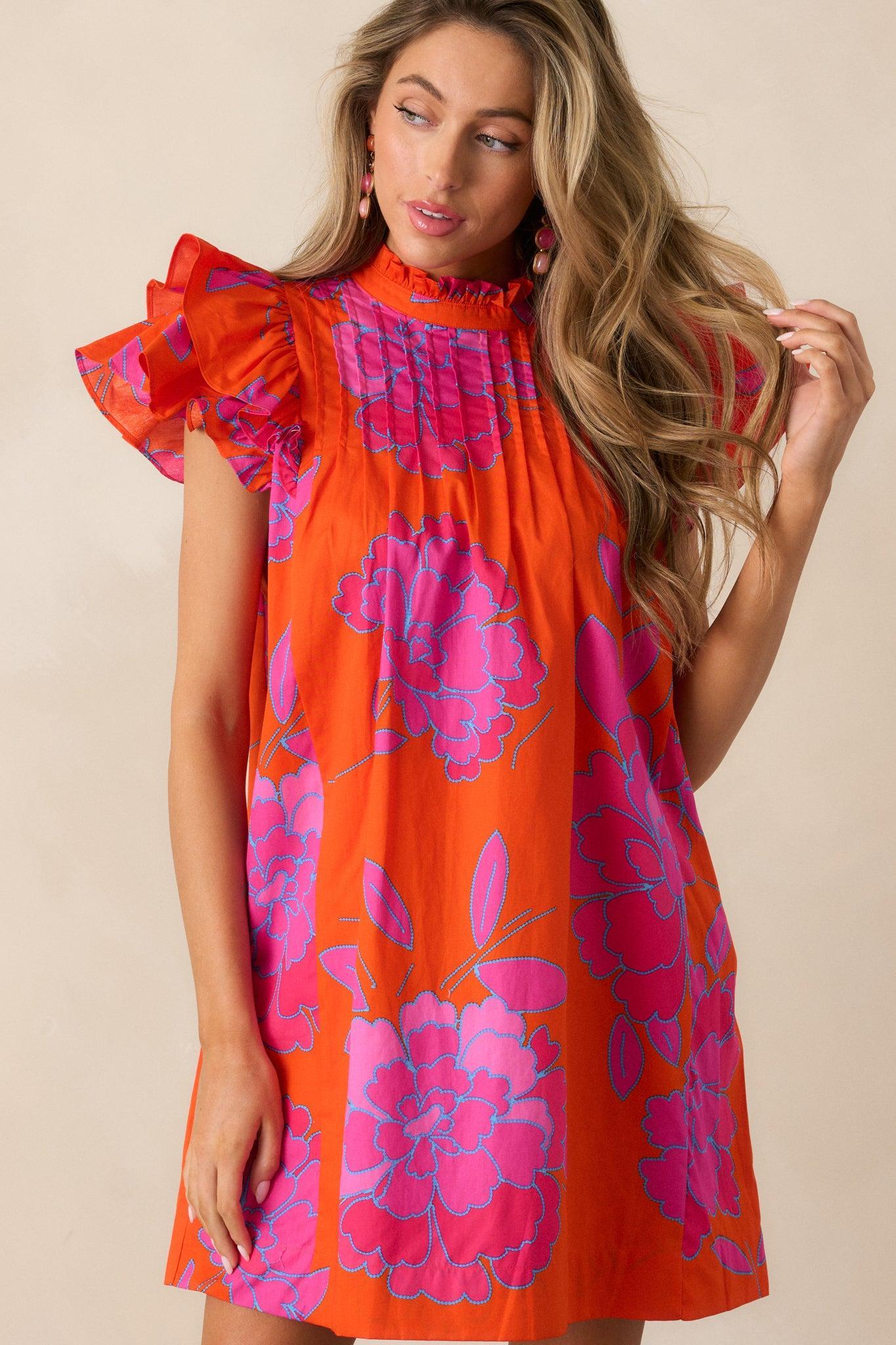 Breezes And Blooms Cotton Orange Flutter Sleeve Mini Dress Product Image