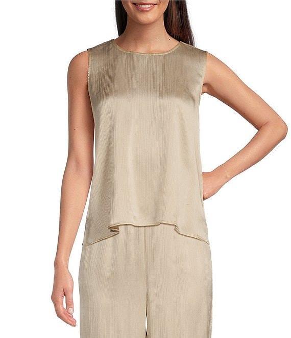 Eileen Fisher Silk Satin Mandarin Collar Long Sleeve Button Front Shirt Product Image