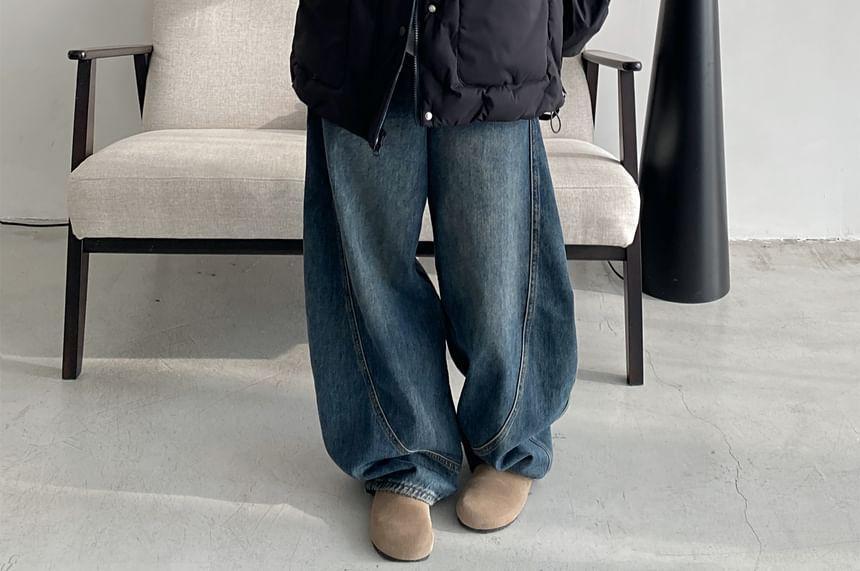 Collared Plaid Panel Button Down Puffer Jacket Product Image