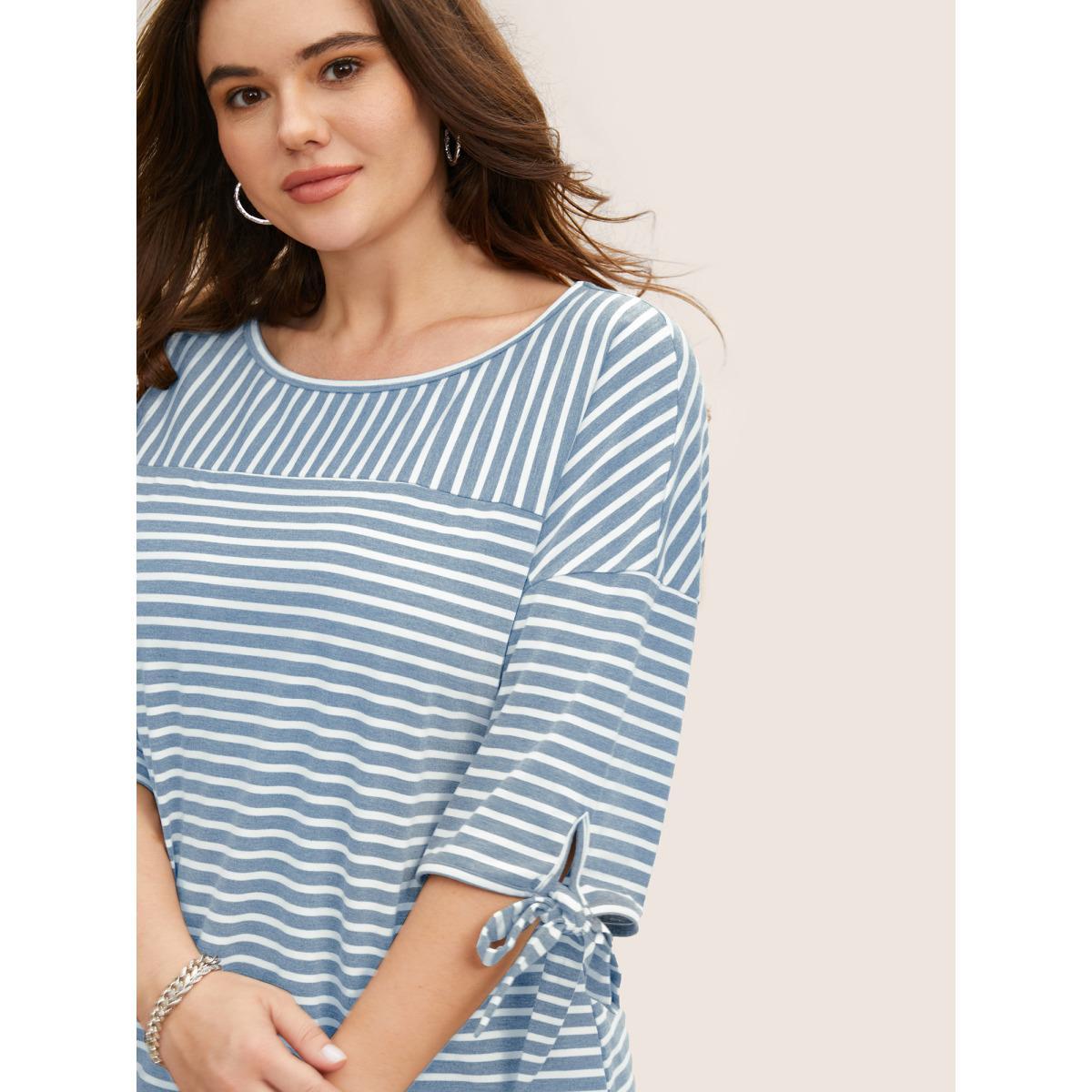 Plus Size Striped Boat Neck Tie Knot T-shirt Stone Women Casual Tie knot Boat Neck Everyday T-shirts BloomChic 10/M Product Image