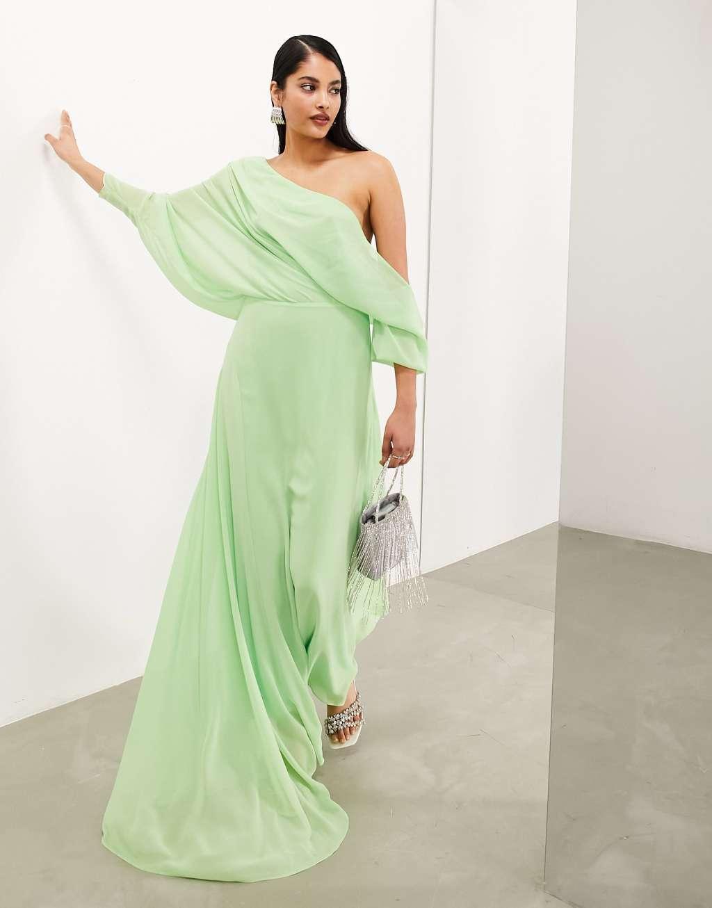 ASOS EDITION chiffon draped off shoulder maxi dress with full skirt Product Image
